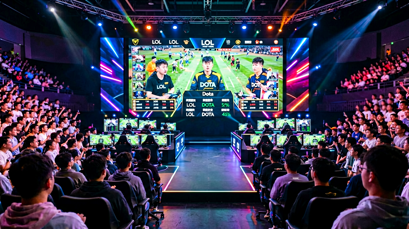 电竞比赛现场，观众观看LOL、DOTA2等职业赛事直播